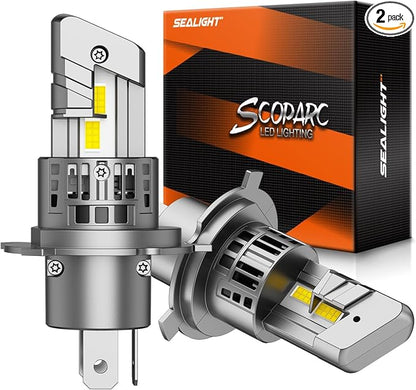 SEALIGHT H4/9003/HB2 LED Bulbs, 50000LM 900% Super Brighter, 1:1 Size, 6500K Cool White, 60000Hrs Long Service Life with Cooling Fan, Plug and Play, Pack of 2