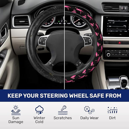 GENANY Pink Flamingo Steering Wheel Cover, Non Slip Polyester Car Wheel Protector for Car SUV Truck, Universal 15 Inch