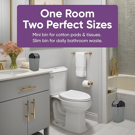 Superio Mini 1.25 Gallon and Small 2.5 Gallon Plastic Trash Cans with Swing Top Lid, Grey Waste Bin for Countertop, Desk, Vanity, Bathroom, 2 Pack (Grey/Black)