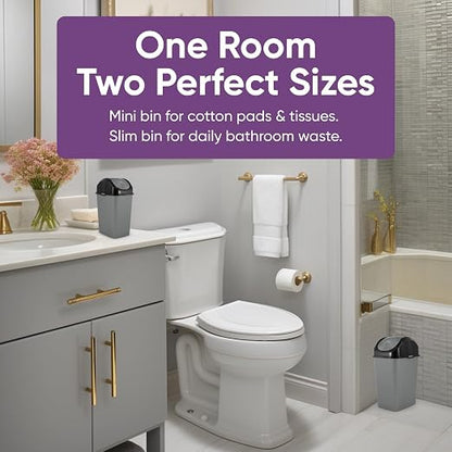 Superio Mini 1.25 Gallon and Small 2.5 Gallon Plastic Trash Cans with Swing Top Lid, Grey Waste Bin for Countertop, Desk, Vanity, Bathroom, 2 Pack (Grey/Black)