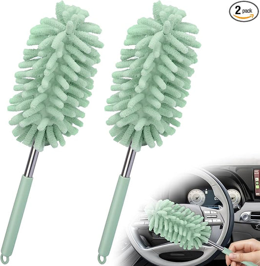 2 PCS Car Interior Duster with Extension Pole, Microfiber Car Dusters with Bendable Head, Cars Dusters Exterior&Interior Scratch Free, for Cleaning of Vehicle Details, Offices, Window (Light Green)