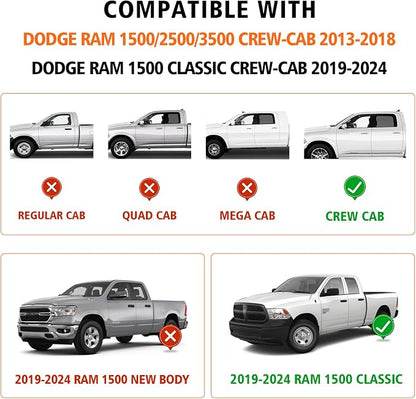 All Weather Floor Mats for 2013-2018 Dodge Ram 1500/2500/3500 Crew-Cab, 2019-2024 for Ram 1500 Classic Crew Cab, TPE Floor Liners Anti-Slip Full Set Mats for Dodge 1500/2500/3500 Accessories