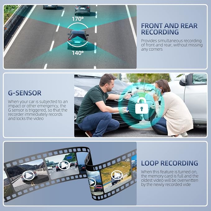 Dash Cam Front and Rear Video Recorder Rear Camera 1080P Dashcam with 4 inches, Super Night Vision, 170°Wide Angle, Loop Recording, G-Sensor, Parking Monitor, Motion Detection, with 32GB Card