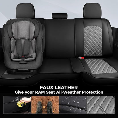 FREESOO Car Seat Covers Full Set for Dodge Ram 2002-2018 1500 & 2011-2026 2500 3500 Crew Quad Cab, 2019-2024 Ram 1500 Classic Leather Seat Cover, with Curved Bench, Black Grey