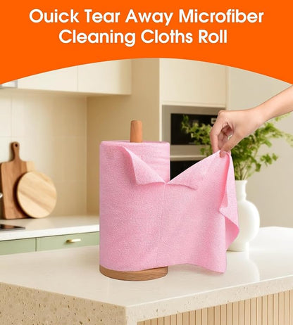 Microfiber Cleaning Cloth Roll - 100 Pack Tear Away Microfiber Paper Towels, Reusable, Washable, Scratch-Free, Kitchen Towels for Car, Home, Kitchen, Glass, Dishes(Pink)