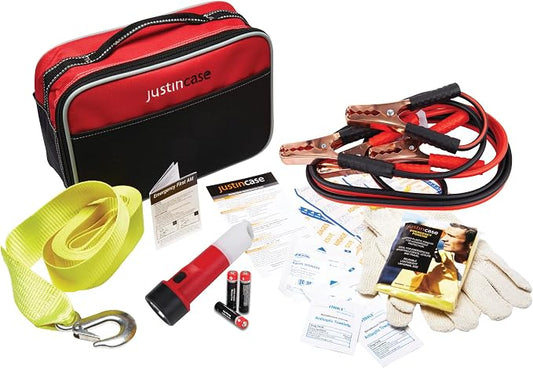 Justin Case Travel Pro Emergency Roadside Kit - Compact Car Safety Set with Jumper Cables, Tow Strap, Flashlight, Gloves, First Aid Kit & 1-Year Free Roadside Assistance