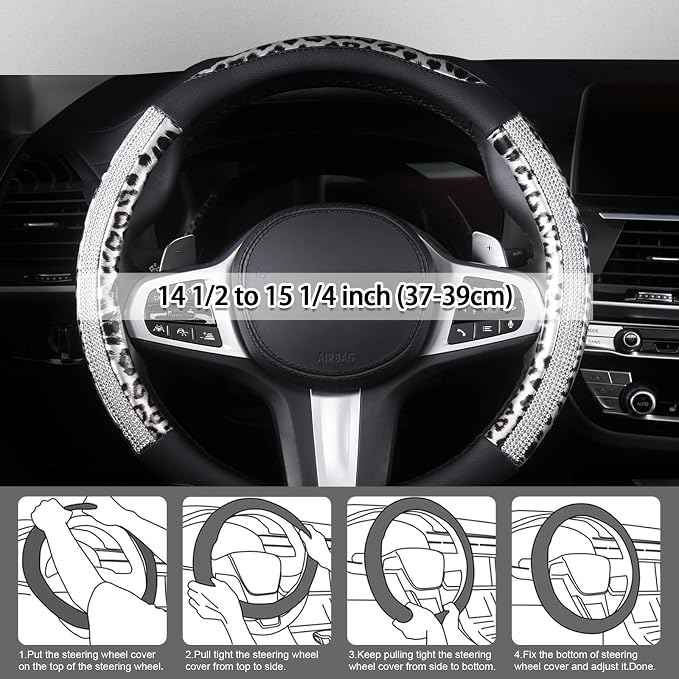 AUTOYOUTH Leopard Steering Wheel Cover - Bling Crystal Rhinestones Cheetah Print on Leather Non-Slip Breathable Design for Women/Girls Universal Fit 14.5-15 Inch(Black & Silver)