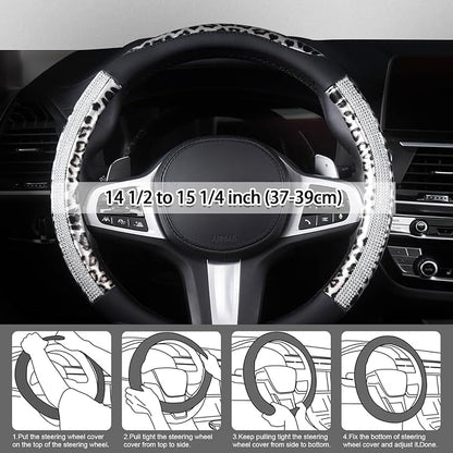 AUTOYOUTH Leopard Steering Wheel Cover - Bling Crystal Rhinestones Cheetah Print on Leather Non-Slip Breathable Design for Women/Girls Universal Fit 14.5-15 Inch(Black & Silver)