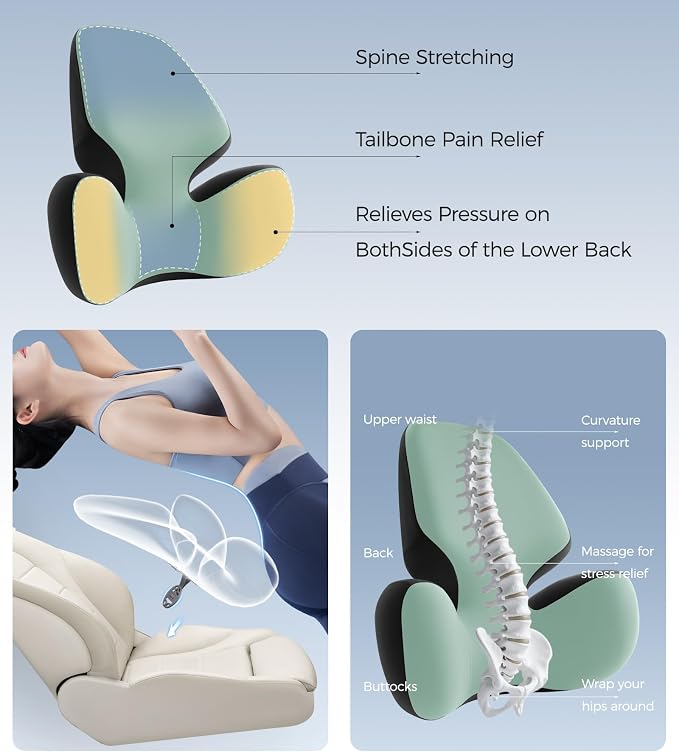 BEBAS Lumbar Support Pillow for Office Chair - Ergonomic Memory Foam Back Cushion for Lower Back Pain Relief - Washable & Breathable Cover - Fits Car Seats, Gaming Chairs & Wheelchairs (Green)