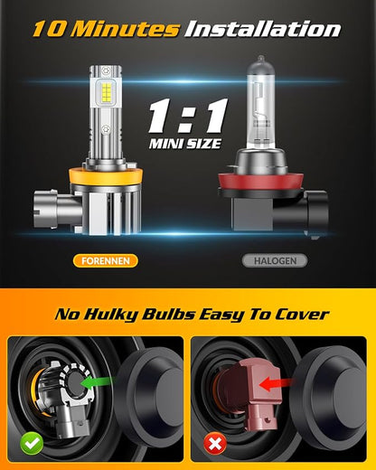 FORENNER H11 Bulbs, 45000LM 1000% Super Brightness, H11/H9/H8 Light Bulbs, 1:1 Real Size, 10 Years Lifespan, 6500K Cool White Light, IP68 Waterproof, Play-N-Plug, Pack of 2