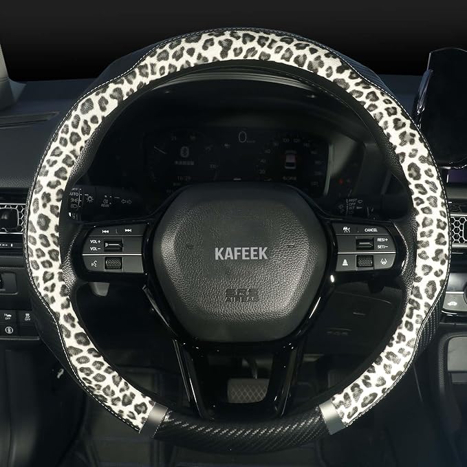 KAFEEK Leopard Print Steering Wheel Cover for Women, Classy Carbon Fiber and Soft Microfiber Leather, 15 Inch Universal Car Wheel Protector, Aesthetic Off-White Cheetah Print, Anti-Slip & Breathable