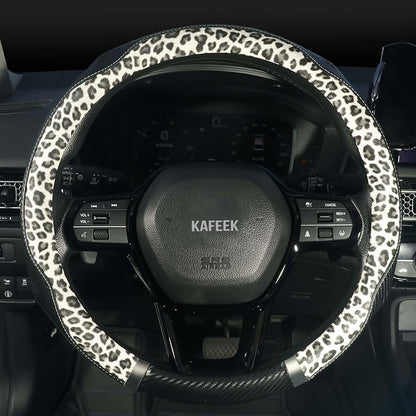 KAFEEK Leopard Print Steering Wheel Cover for Women, Classy Carbon Fiber and Soft Microfiber Leather, 15 Inch Universal Car Wheel Protector, Aesthetic Off-White Cheetah Print, Anti-Slip & Breathable