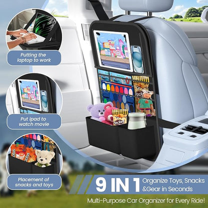 Car Backseat Organizer with table Tray(1Pack) 9 Storage Pockets Backseat Car Organizer with Tablet Holder, Back seat Organizer for Kids Road Trip Essentials Travel