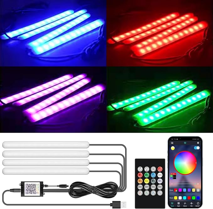 Car Led Light Interior 6 Inch 48LEDs Soft Lighting Frosted Under Dash Foot Well Light RGB, 29 Modes Static/Gradient/Strobe/Music, with Controller App Timer, USB 5V