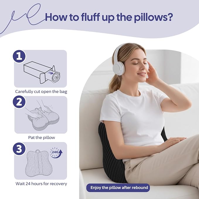Lumbar Support Pillow for Recliner, Back Support Pillow for Office Chair, Back Cushion with Shredded Foam for Back Pain Relief & Reading, Lumbar Cushions for Couch, Sofa Seat, Car, Black