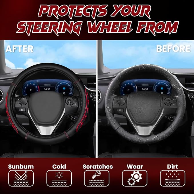 Ventilated Heart-Shaped Steering Wheel Cover with Anti-Slip Leather Grip. Compatible with Ford, Toyota, Honda, Nissan, and Chevrolet Vehicles for 14.5-15.2 inch Round Steering Wheels.