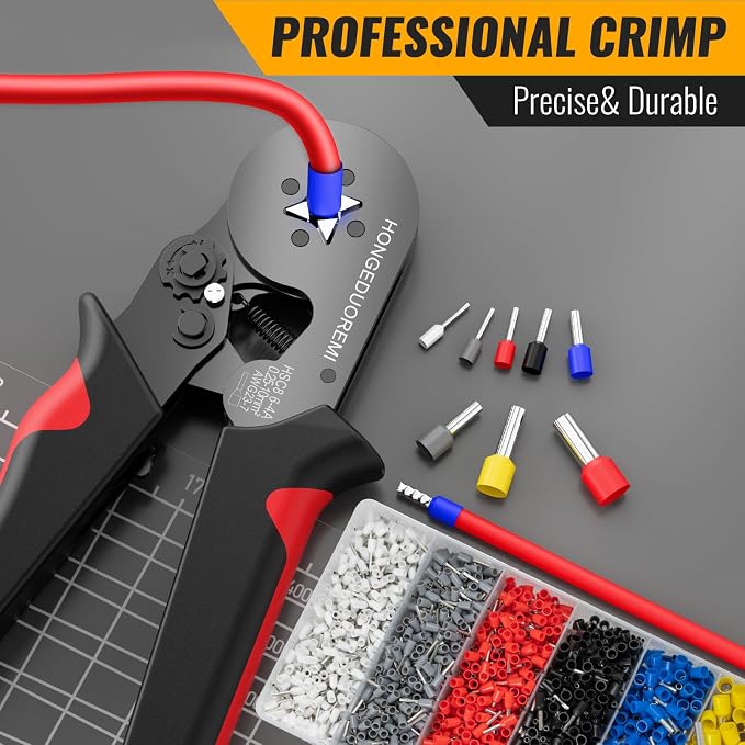 Ferrule Crimping Tool Kit,Wire Ferrule Kit Crimper Connectors，4 corners Self-adjustable AWG23-7 gauge 1800PCS Ferrules Electrical Terminal，Crimpers Tools Pin Terminals Ratchet Pliers for Audio,Car,DIY