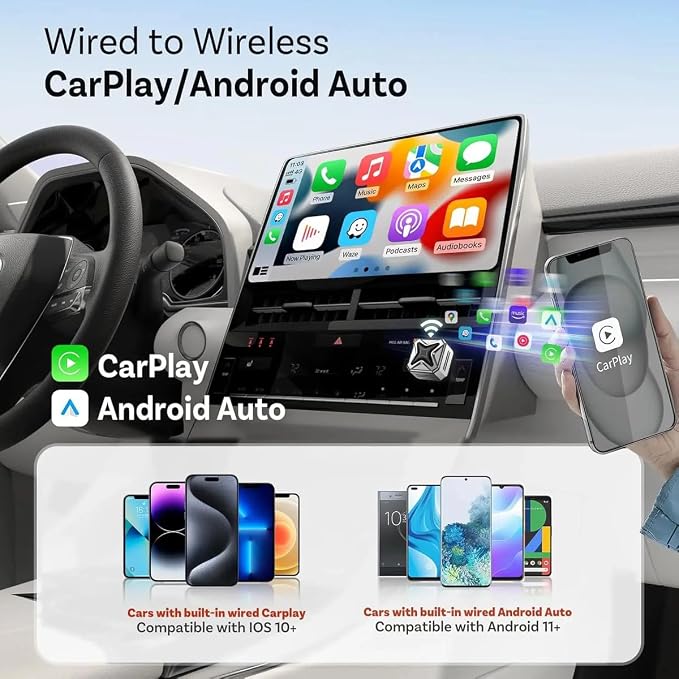 Wireless CarPlay Adapter 2-in-1 for Apple CarPlay & Android Auto CNC Aluminum Mini Design Dual Phone Switching Auto Pairing Plug & Play Stable Low Latency Universal Compatibility