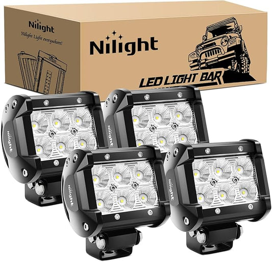 Nilight LED Pods 4PCS 18W 1260lm Flood LED Light Bar Driving Fog Light Off Road Lights Work Light 24V 12V For Motorcycles Van Camper Wagon Car Pickup ATV UTV SUV Truck Boat, 2 Years Warranty