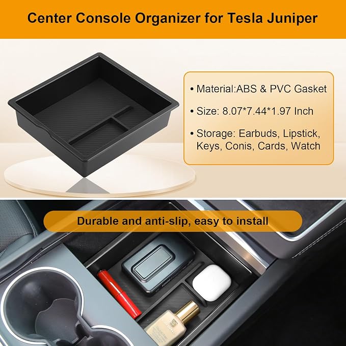 BANKKY 5PCS Center Console Organizer Tray for Tesla Model Y Juniper 2025 2026 Accessories Underseat Armrest Storage Cup Holder Hidden Compartment for Family Travel Kids Daily Commute Road Trips
