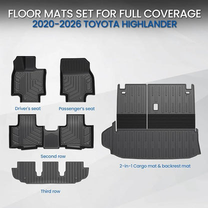 Floor Mat Cargo Mat for 2020-2024 2025 2026 Toyota Highlander 7 Seat Car Mat Accessories(Both Hybrid and Gas), All Weather TPE Cargo Liner Trunk Mat with Backrest Mat(Highlander-Full Set)