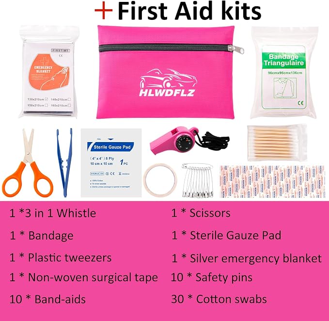 Car Roadside Emergency Kit - Pink Roadside Assistance Emergency Kit with Jumper Cables, Auto Tool Set, Deer Whistles, Winter Car Safety Roadside Assist Kit for Teen Girl and Ladies