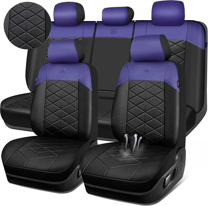 CAR PASS Memory Foam Leather Seat Covers Full Set, Breathable Perforated Nappa Leather Seat Covers Universal Fit for Most Cars,Sedans,SUV,Trucks Thick 3D Foam Comfortable, Airbag Compatible Black Blue