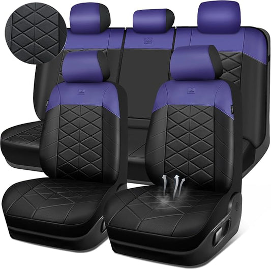 CAR PASS Memory Foam Leather Seat Covers Full Set, Breathable Perforated Nappa Leather Seat Covers Universal Fit for Most Cars,Sedans,SUV,Trucks Thick 3D Foam Comfortable, Airbag Compatible Black Blue