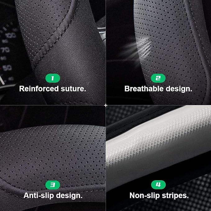 Car Steering Wheel Cover,14.5-15 Inch Black Universal Microfiber Leather Covers Breathable Anti-Slip Odorless Steering Wheels Accessories for Men Women