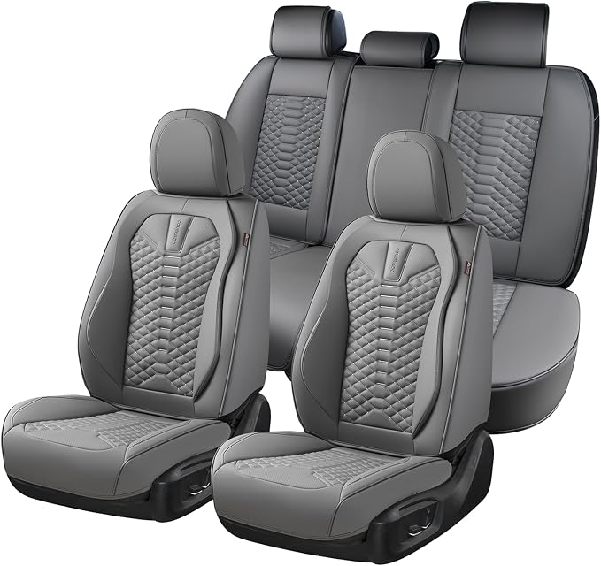 Coverado Car Seat Covers Full Set, Nappa Leather Seat Covers for Cars, 5 Seats Universal Waterproof Seat Covers, Front and Back Car Seat Protector, Automotive Seat Covers Fit for Most Cars, Gray
