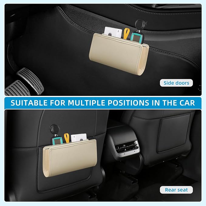Car Trash Can, Beige Universal Leather Foldable Leakproof Garbage Bins Organizer Holder with One Roll Trash Bag, Car Seat Back Storage Box for Most Vehicles