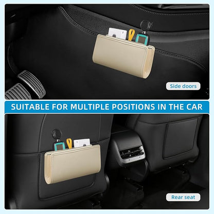 Car Trash Can, Beige Universal Leather Foldable Leakproof Garbage Bins Organizer Holder with One Roll Trash Bag, Car Seat Back Storage Box for Most Vehicles