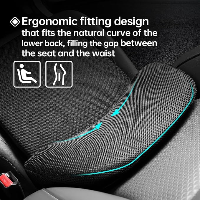 lumbar support for car, driver seat lumbar pillow, ergonomic car seat back cushion, Memory Foam mesh back support, orthopedic, Improve Sitting Posture Back Pain Relief, Soft Breathable Durable 1P