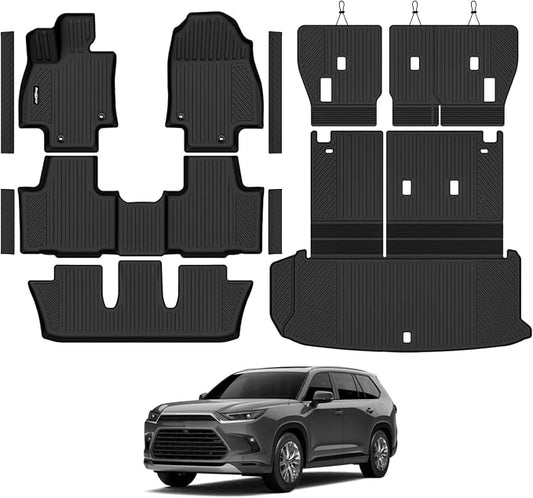 Floor Mats for 2024-2026 Toyota Grand Highlander 8 Seat/Bench Seat, Trunk Mat and Backrest Mat & Door Sill Guard All Weather TPE Protector for Toyota Grand Highlander Accessories