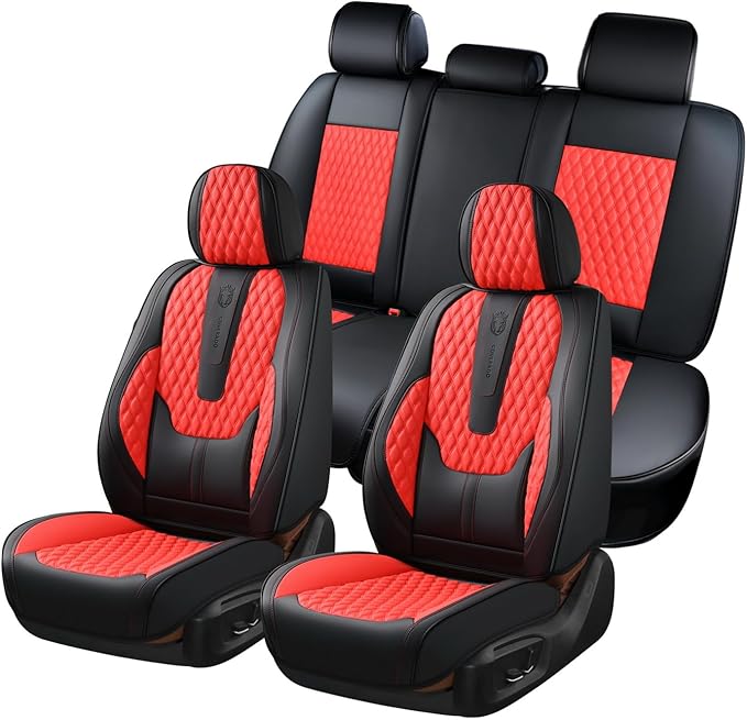 Coverado Car Seat Covers Full Set, 5 Seat Leather Seat Covers for Cars, Car Seat Protector with Lumbar Support, Waterproof Seat Covers Universal Fit for Most Cars SUV Trucks (Red&Black)