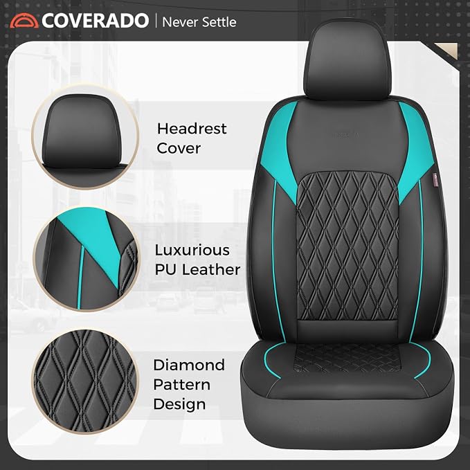 Coverado Front Seat Covers, Car Seat Covers for Cars, Waterproof Driver Seat Covers, Faux Leather Car Seat Cushion, Front Auto Seat Covers Luxury Car Seat Protector Universal Fit Most Cars, Black&Blue