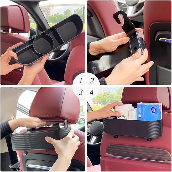 BELOMI Car Headrest Backseat Organizer with Cup Holder, Seat Back Hanging Storage Box with Hooks, Multi-Functional Drink Pocket Food Snack Phone Tray for Kids, Car Travel Accessories (Black)
