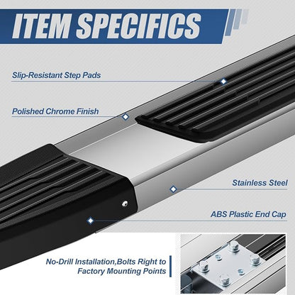Auto Dynasty Flat Running Boards Compatible with 2009-2024 Dodge Ram 1500 2500 3500 Crew Cab 4-Door, Stainless Steel Side Step Rail Nerf Bars, 6" Step Bars, Polished Chrome