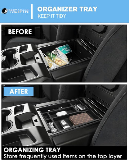 For Center Console Tray Compatible with 2019-2026 Chevy Silverado 1500& 2020-2026 Silverado 2500HD 3500HD (Split-Bench Folding Seat) Armrest Storage Box Console Organizer ABS Materials