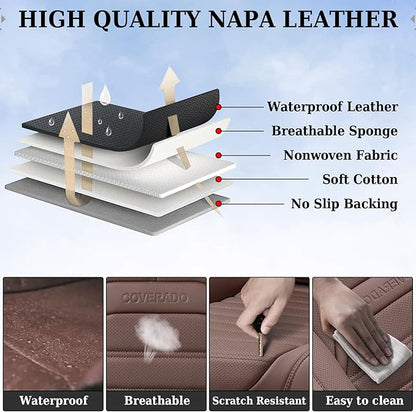 Coverado Seat Covers, Car Seat Covers Front Seats, Automotive Seat Covers, Waterproof Nappa Leather Car Seat Cover, Car Seat Cushion, Brown Seat Covers Carseat Cover Universal Fit for Most Cars
