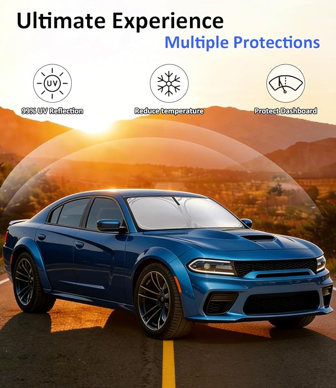 Windshield Sun Shade for 2011-2024 Dodge Charger Accessories, Car Front Window Sun Visor Protector & Heat Shield | 240T Sunshade Protection Blocks UV Rays Keep Your Car Cooler