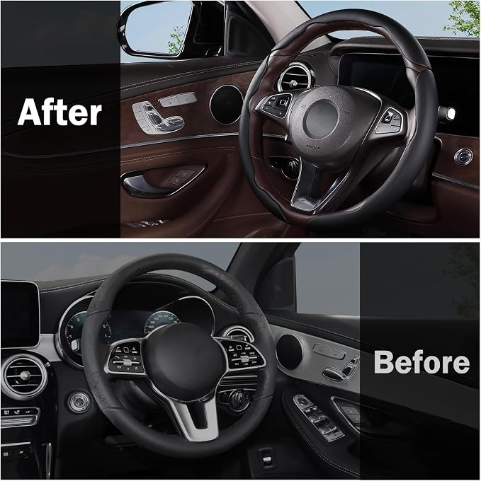 Car Steering Wheel Cover Leather Snap On 3Pcs Set Non-Slip Protector Wrap Steering Wheel Accessories 14.5-15 inch Universal Black