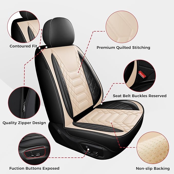 FREESOO Car Seat Covers Leather Seat Cover Full Set Automotive Seat Cover Protector Accessories Airbag Compatible Universal Fit for 5 Seats Black Beige