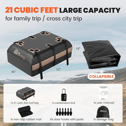 Asinking Car Rooftop Cargo Carrier Bag, 21 Cubic Feet Waterproof Roof Cargo Bag for SUV Minivan, Fit Vehicles with/Without Roof Rack, Sidebars & Crossbars - Max Size 52" L 40" Wx 18" H