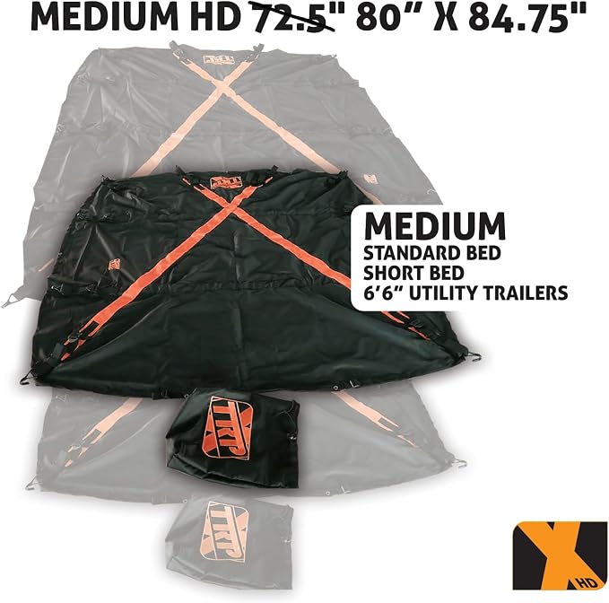 The Heavy Duty X-Cover by TRPx - Trailer and Truck Bed Cover Medium - Integrated Heavy Duty Black Tarp and Tie Down System. Fits: Short Bed, Standard Bed Trucks and Utility Trailers up to 6'6"