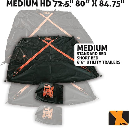 The Heavy Duty X-Cover by TRPx - Trailer and Truck Bed Cover Medium - Integrated Heavy Duty Black Tarp and Tie Down System. Fits: Short Bed, Standard Bed Trucks and Utility Trailers up to 6'6"