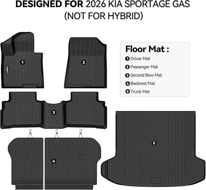Floor Mats for 2026 Kia Sportage Gas (Not for Hybrid), Trunk Mat and Backrest Mat All Weather TPE Protector for Kia Sportage Accessories Floor Liner