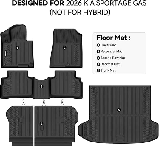 Floor Mats for 2026 Kia Sportage Gas (Not for Hybrid), Trunk Mat and Backrest Mat All Weather TPE Protector for Kia Sportage Accessories Floor Liner