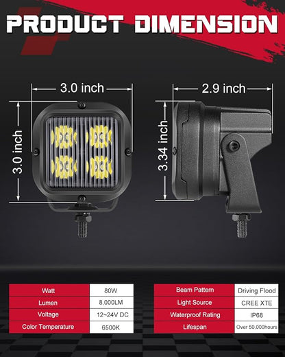 LED Pods, OFFROADTOWN 3inch 80W CREE LED Pods Off Road Driving Lights Cubes Ditch Light Backup Reverse Lights for Truck Pickup Dirt Bike UTV ATV SUV Boat 4x4 Car - Driving Flood Beam