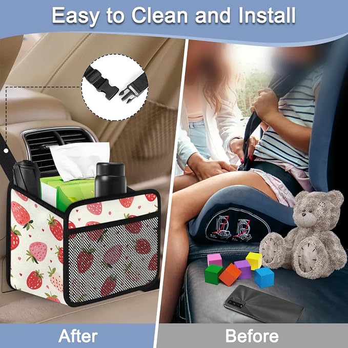 Car Backseat Organizer, PU Leather Back of Seat Cars Hanging Organizer with Pockets Leakproof Car Garbage Bag Hanging Cars Seat Storage Box Travel Accessories Foldable (White Strawberries)